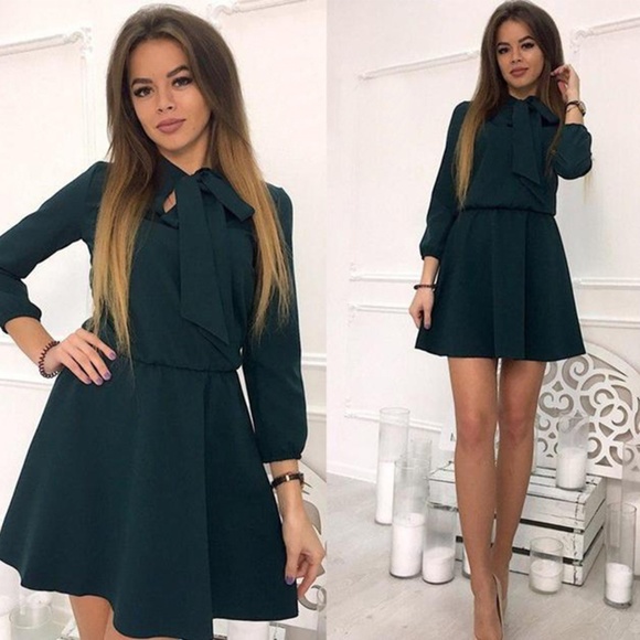 Green - Front Bow Mini Dress w/ 3 Qtr Sleeves - Picture 1 of 8